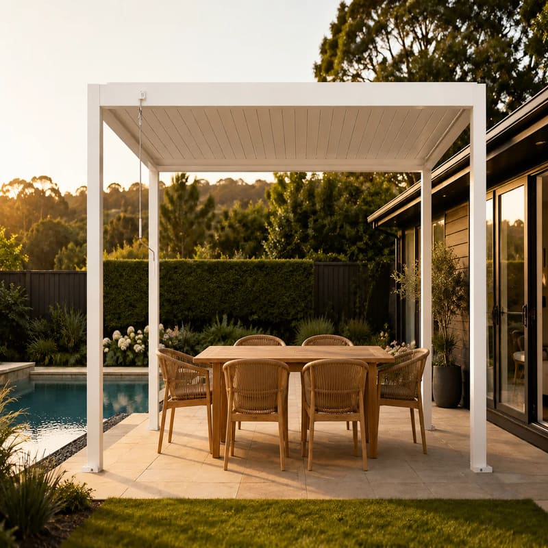 Luxi Living Atlantic Manual Freestanding Louvre Roof Aluminium Pergola-3 x 3m pergola with wooden chairs