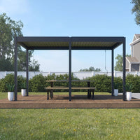 Luxi Living Atlantic Manual Freestanding Louvre Roof Aluminium Pergola - Grey pergola on wooden slab.