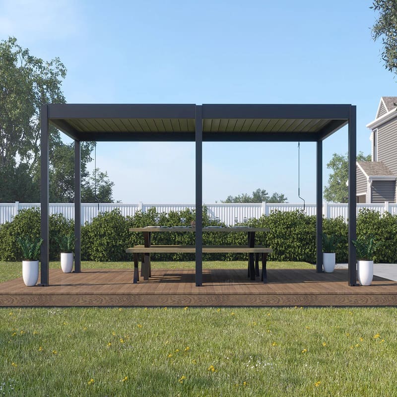 Luxi Living Atlantic Manual Freestanding Louvre Roof Aluminium Pergola - Grey pergola on wooden slab.