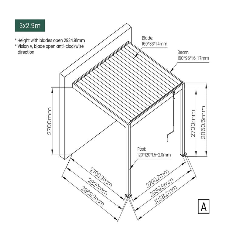 Luxi Living Atlantic Manual Wall Mounted Louvre Roof Aluminium Pergola - 3x2.9m dimensions