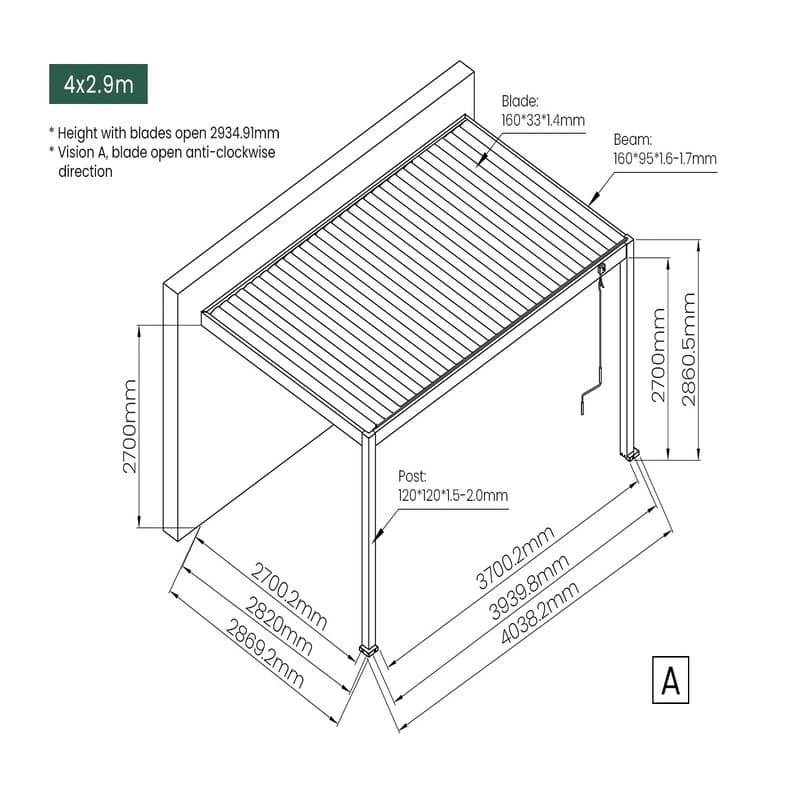 Luxi Living Atlantic Manual Wall Mounted Louvre Roof Aluminium Pergola - 4x2.9m dimensions