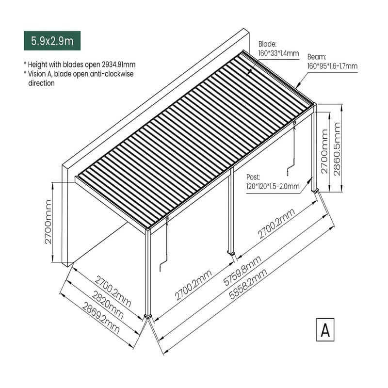 Luxi Living Atlantic Manual Wall Mounted Louvre Roof Aluminium Pergola - 5.2x2.9m dimensions