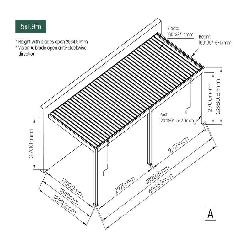 Luxi Living Atlantic Manual Wall Mounted Louvre Roof Aluminium Pergola - 5x1.9m dimensions