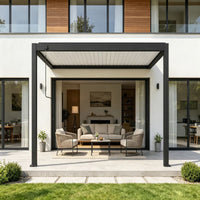 Luxi Living Atlantic Manual Wall Mounted Louvre Roof Aluminium Pergola in setup front house