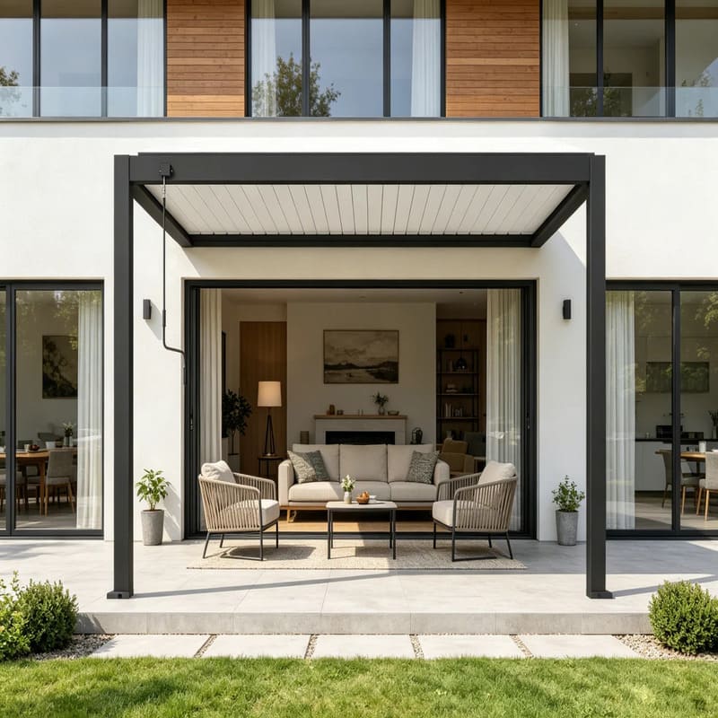 Luxi Living Atlantic Manual Wall Mounted Louvre Roof Aluminium Pergola in setup front house