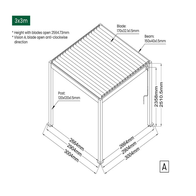 Baltic Manual Freestanding Louvre Roof Aluminium Pergola -3x3m dimensions