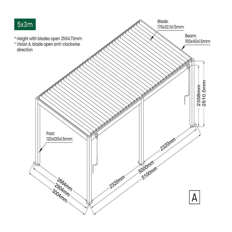 Baltic Manual Freestanding Louvre Roof Aluminium Pergola - 5 x 3m dimensions