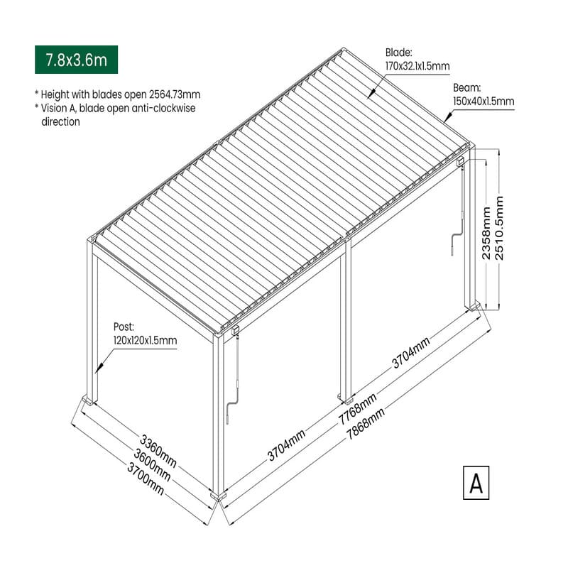 Baltic Manual Freestanding Louvre Roof Aluminium Pergola - 7.8 x 3.6m dimensions