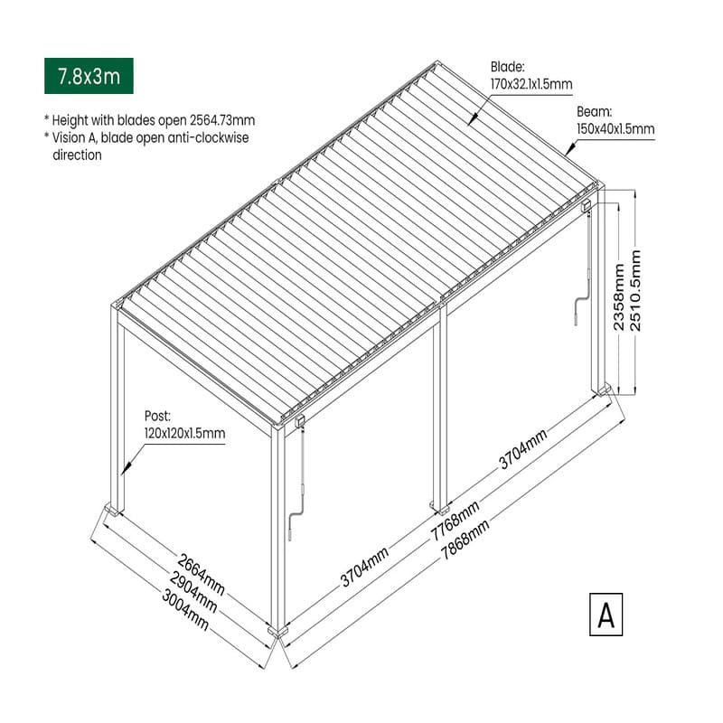 Baltic Manual Freestanding Louvre Roof Aluminium Pergola - 7.8 x 3m