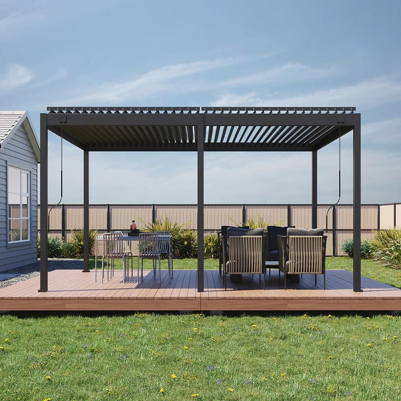 Baltic Manual Freestanding Louvre Roof Aluminium Pergola - charcoal pergola on wooden slab