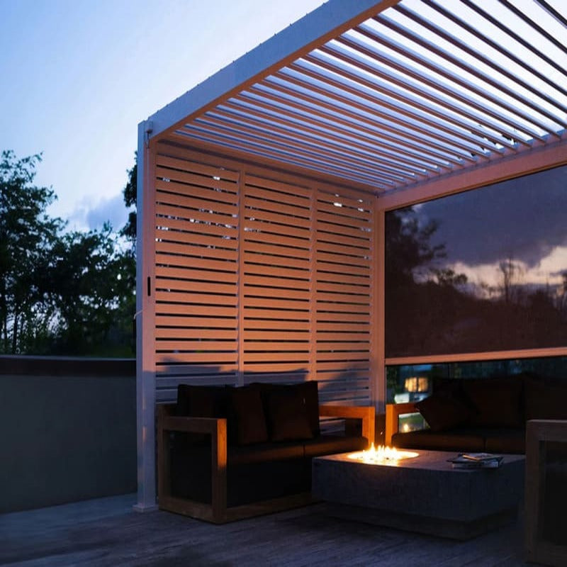 Luxi Living Baltic Manual Freestanding Louvre Roof Aluminium Pergola -white pergola with fireplace beneath the pergola