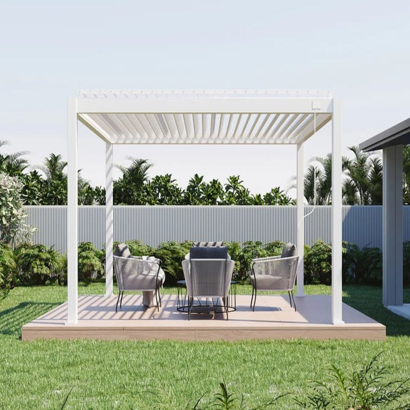 Luxi Living Baltic Manual Freestanding Louvre Roof Aluminium Pergola - white pergola on a slab.