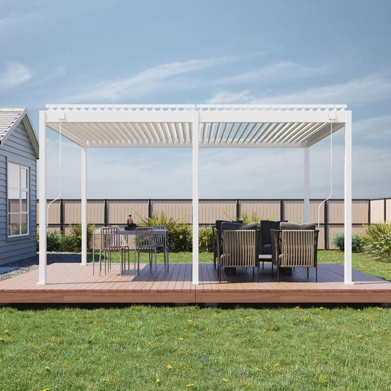 Luxi Living Baltic Manual Freestanding Louvre Roof Aluminium Pergola- on a wooden platform