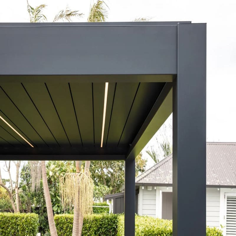 Luxi Living Baltic Motorised Freestanding Louvre Roof Aluminium Pergola - grey pergola angle