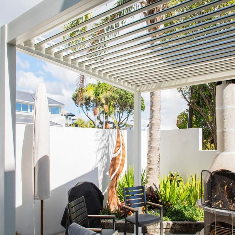 Luxi Living Baltic Motorised Freestanding Louvre Roof Aluminium Pergola in White outdoor