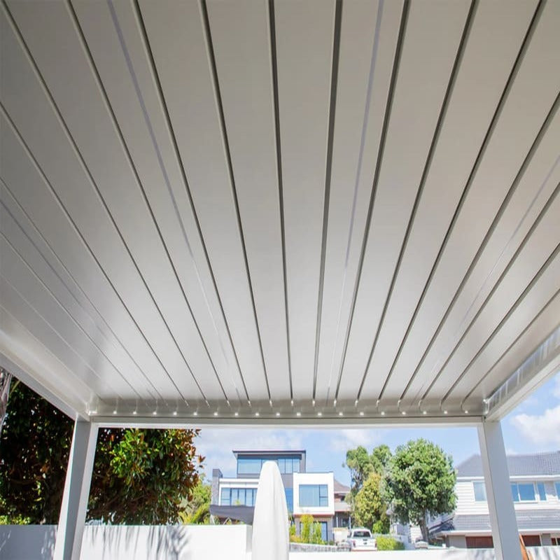 Luxi Living Baltic Motorised Freestanding Louvre Roof Aluminium Pergola - underneath View in White