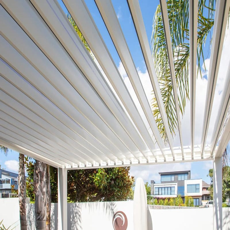 Luxi Living Baltic Motorised Freestanding Louvre Roof Aluminium Pergola - white pergola opened 
