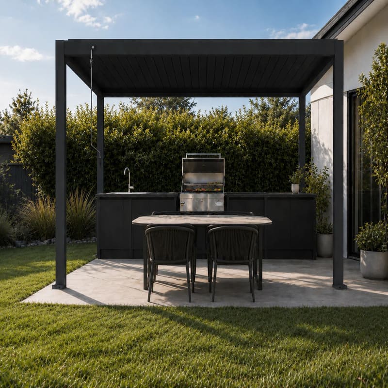 Luxi Living Atlantic Manual Freestanding Louvre Roof Aluminium Pergola - barbeque machine under Black -4x3m