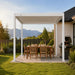 Luxi Living Atlantic Manual Freestanding Louvre Roof Aluminium Pergola - white pergola 4x2m with Wooden dining set underneath