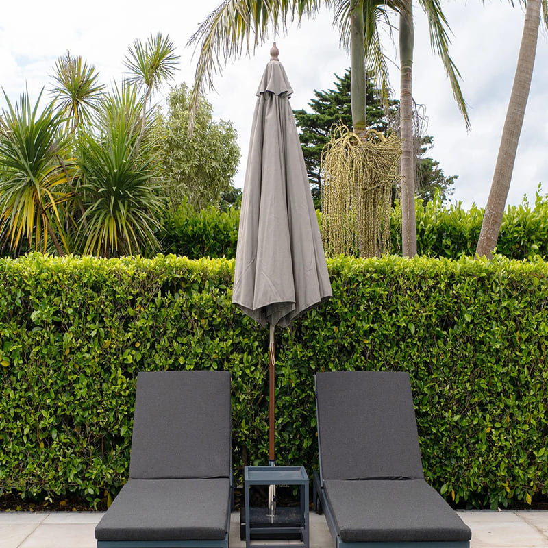 Luxi Living Nile 2.7m Round Market Umbrella-closed umbrella with 2 pool chairs