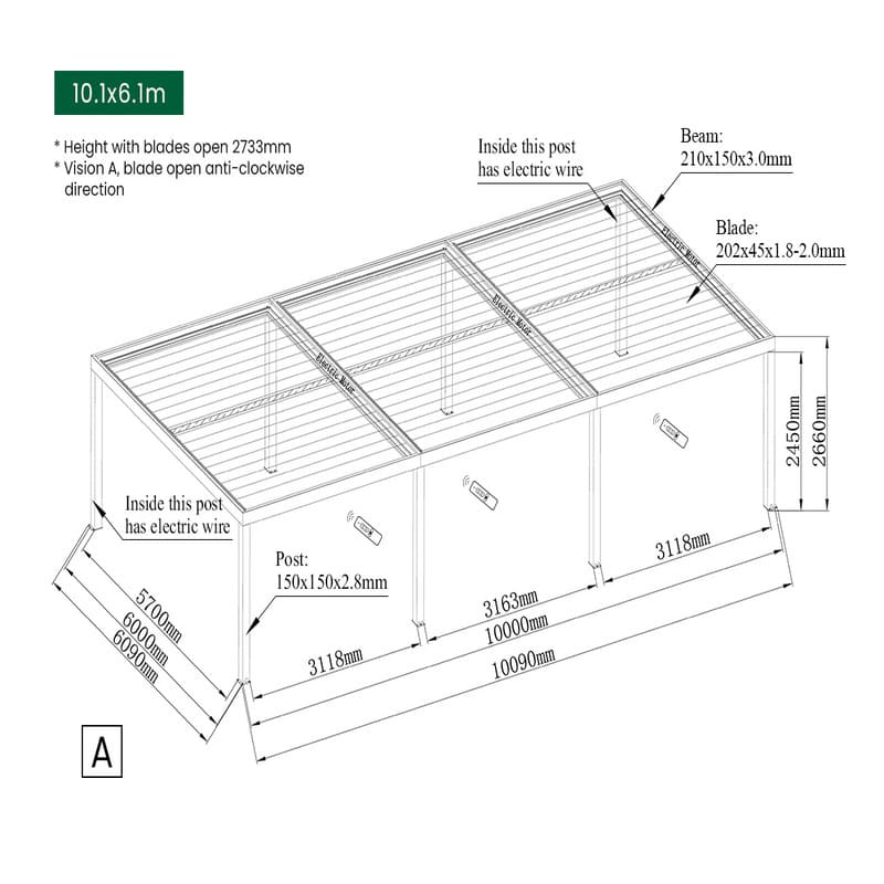Luxi Living Pacific Motorised Freestanding Louvre Roof Aluminium Pergola - 10.1x6.1m dimensions