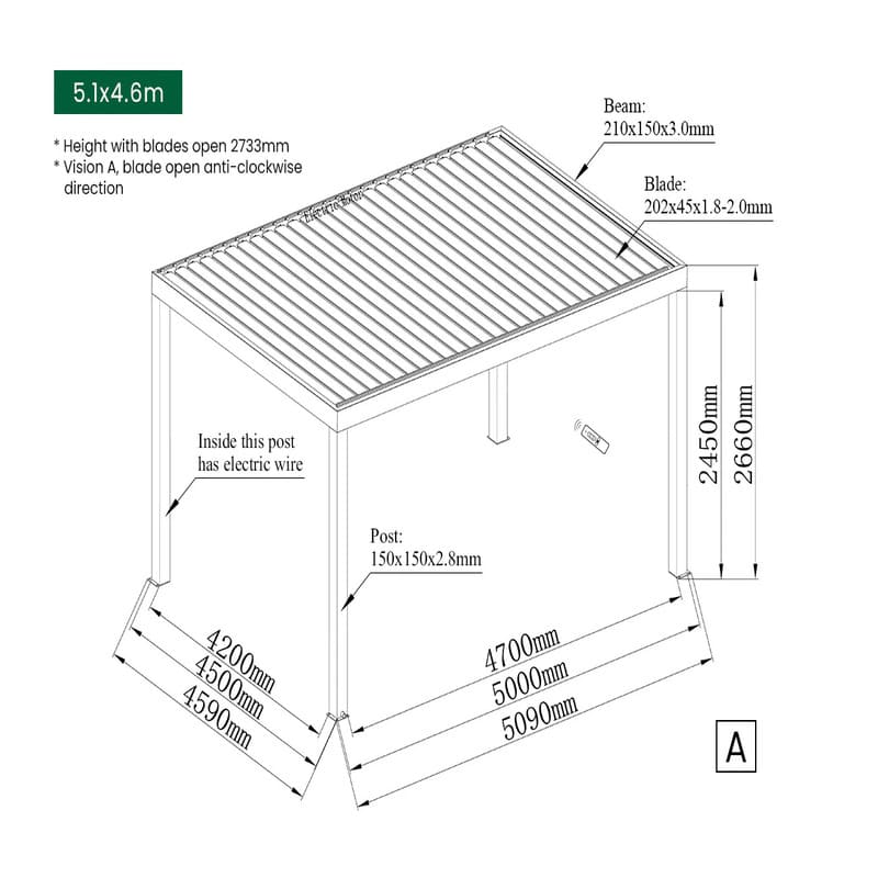 Luxi Living Pacific Motorised Freestanding Louvre Roof Aluminium Pergola - 5.1 x4.6m dimensions