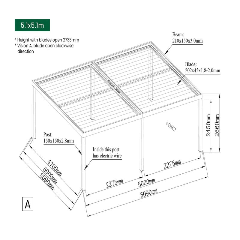 Luxi Living Pacific Motorised Freestanding Louvre Roof Aluminium Pergola - 5.1x5.1m dimensions
