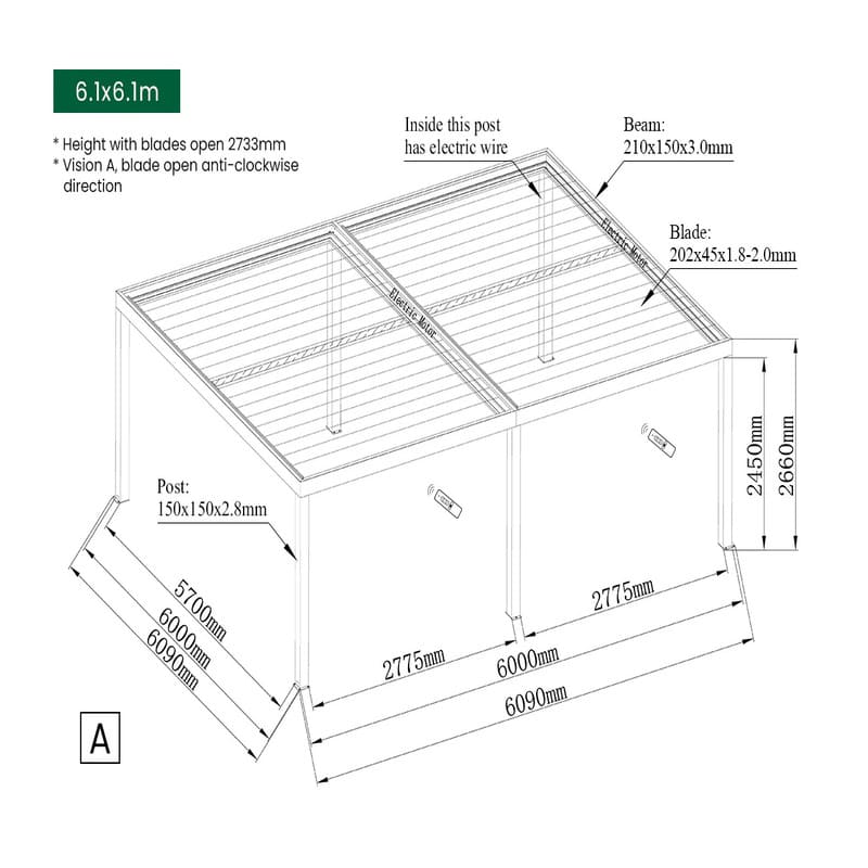 Luxi Living Pacific Motorised Freestanding Louvre Roof Aluminium Pergola - 6.1x6.1m dimensions