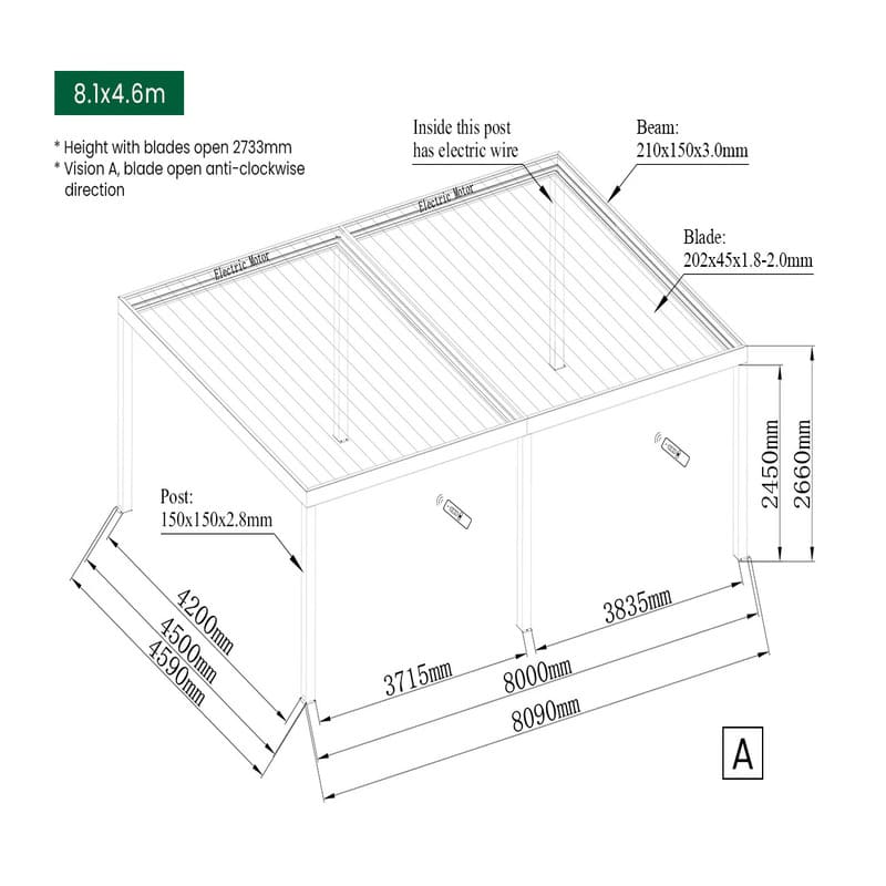 Luxi Living Pacific Motorised Freestanding Louvre Roof Aluminium Pergola - 8.1x4.6m dimensions