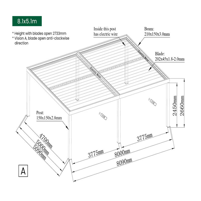 Luxi Living Pacific Motorised Freestanding Louvre Roof Aluminium Pergola - 8.1x5.1m dimensions