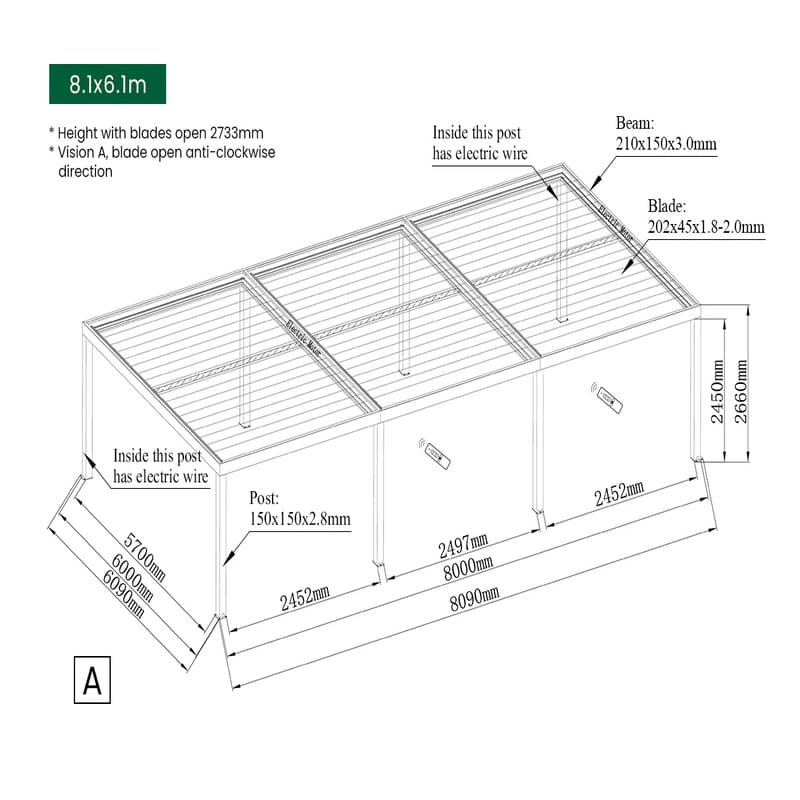 Luxi Living Pacific Motorised Freestanding Louvre Roof Aluminium Pergola - 8.1x6.1m dimensions