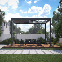 Luxi Living Pacific Motorised Freestanding Louvre Roof Aluminium Pergola-grey pergola on a brown slab