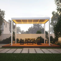 Luxi Living Pacific Motorised Freestanding Louvre Roof Aluminium Pergola - white pergola lit underneath setup on a slab