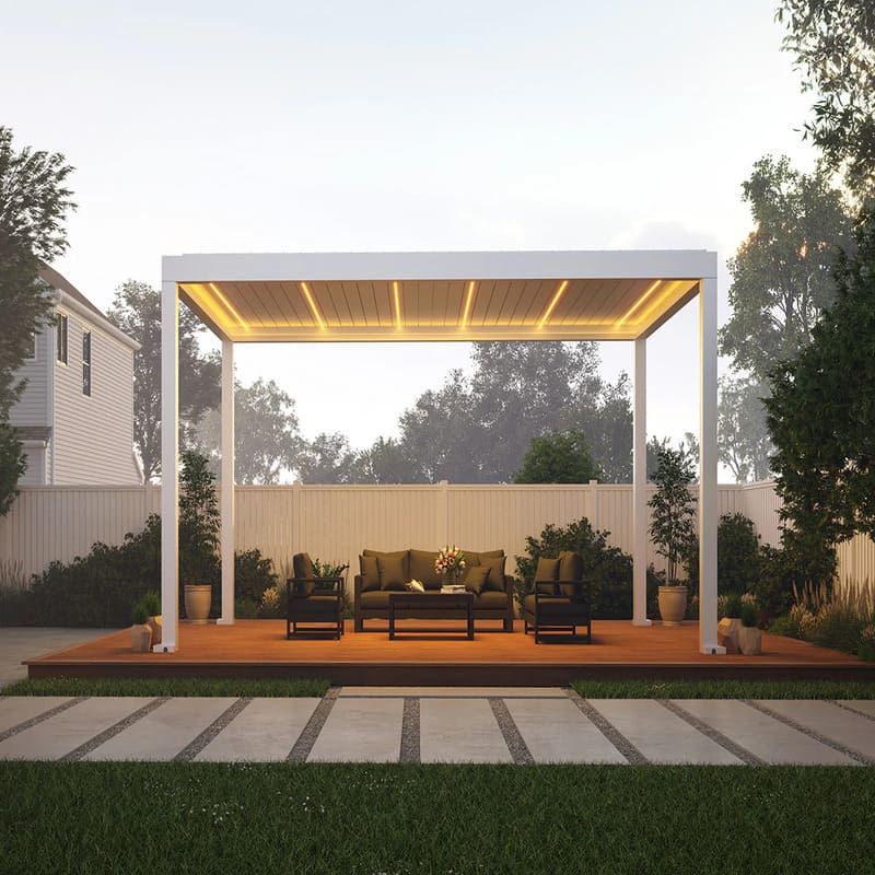 Luxi Living Pacific Motorised Freestanding Louvre Roof Aluminium Pergola - white pergola lit underneath setup on a slab