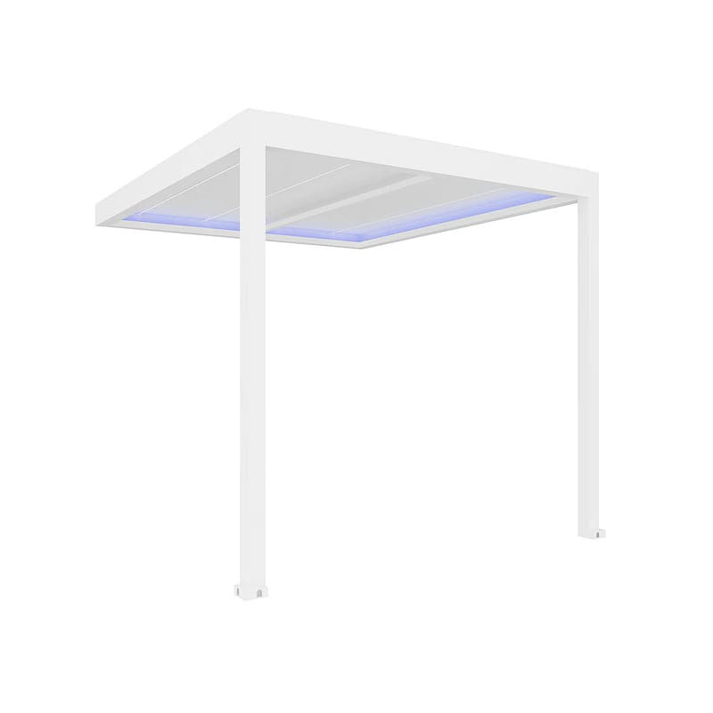 Luxi Living Pacific Motorised Wall Mounted Louvre Roof Aluminium Pergola - angular view of white pergola with lights on.