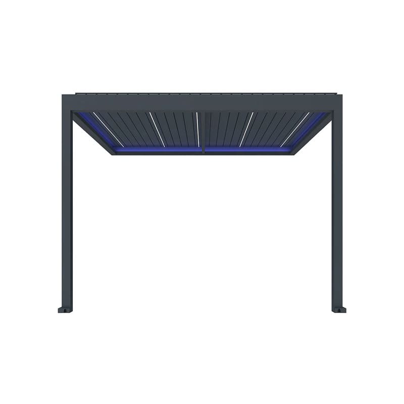 Luxi Living Pacific Motorised Wall Mounted Louvre Roof Aluminium Pergola - front facing  pergola with lights on.