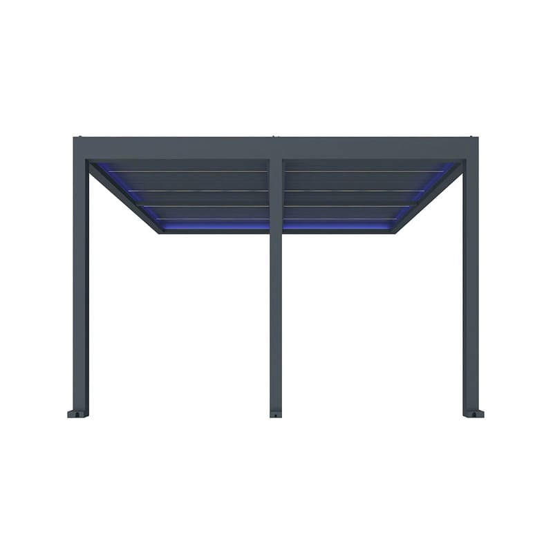 Luxi Living Pacific Motorised Wall Mounted Louvre Roof Aluminium Pergola - 3 legged charcoal pergola with lights on a white bg