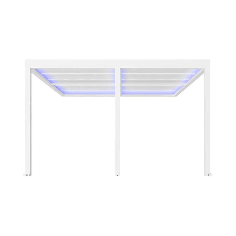 Luxi Living Pacific Motorised Wall Mounted Louvre Roof Aluminium Pergola - 3 legged white pergola on a white bg