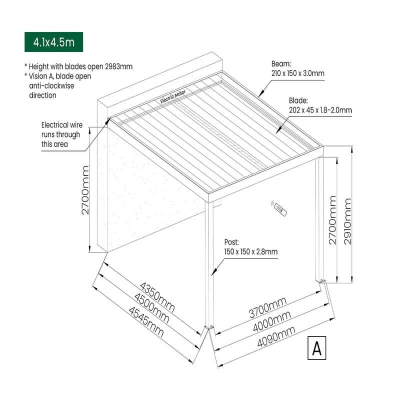 Luxi Living Pacific Motorised Wall Mounted Louvre Roof Aluminium Pergola - 4.1x4.5m dimensions