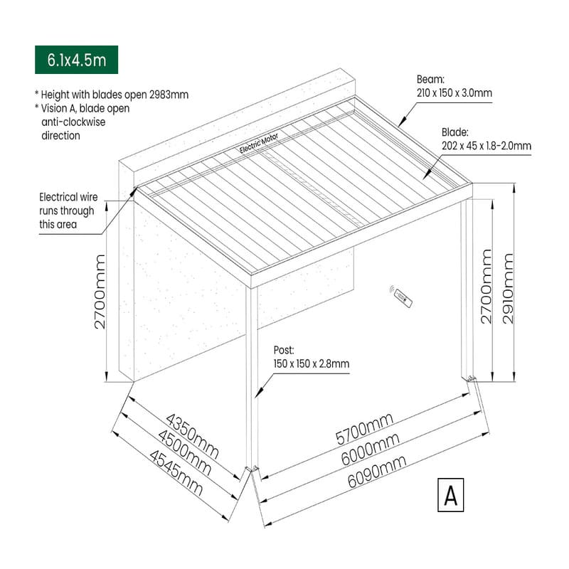 Luxi Living Pacific Motorised Wall Mounted Louvre Roof Aluminium Pergola - 6.1 x 4.5m 