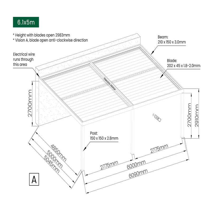 Luxi Living Pacific Motorised Wall Mounted Louvre Roof Aluminium Pergola - 6.1 x 5m dimensions