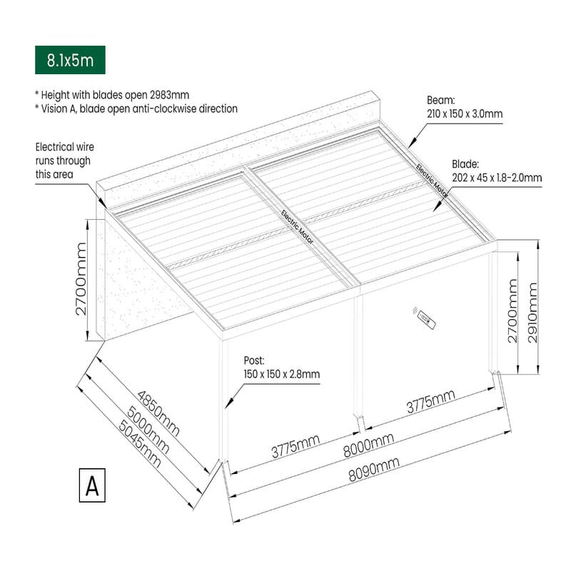 Luxi Living Pacific Motorised Wall Mounted Louvre Roof Aluminium Pergola - 8.1 x 5m dimensions