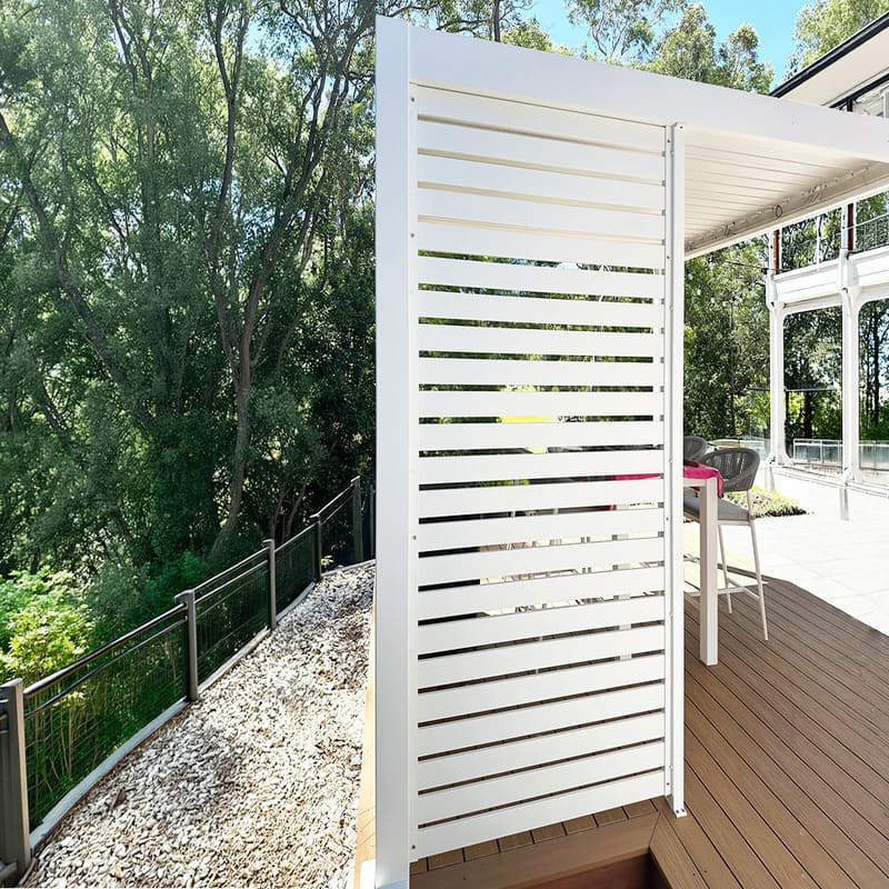 Luxi Living Slatted Privacy Wall for Tasman Freestanding Pergola - white pergola on wooden floor