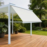 Luxi Living Solaris Motorised Retractable Drop-Arm Window Awning -  White Frame and Light grey Awning.