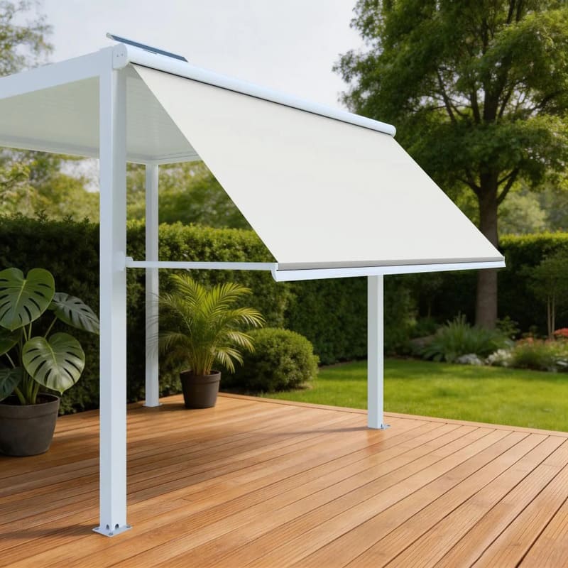 Luxi Living Solaris Motorised Retractable Drop-Arm Window Awning -  White Frame and Light grey Awning.