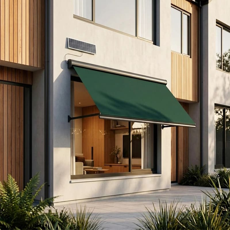 Luxi Living Solaris Motorised Retractable Drop-Arm Window Awning-Green Awning with Solar Panel