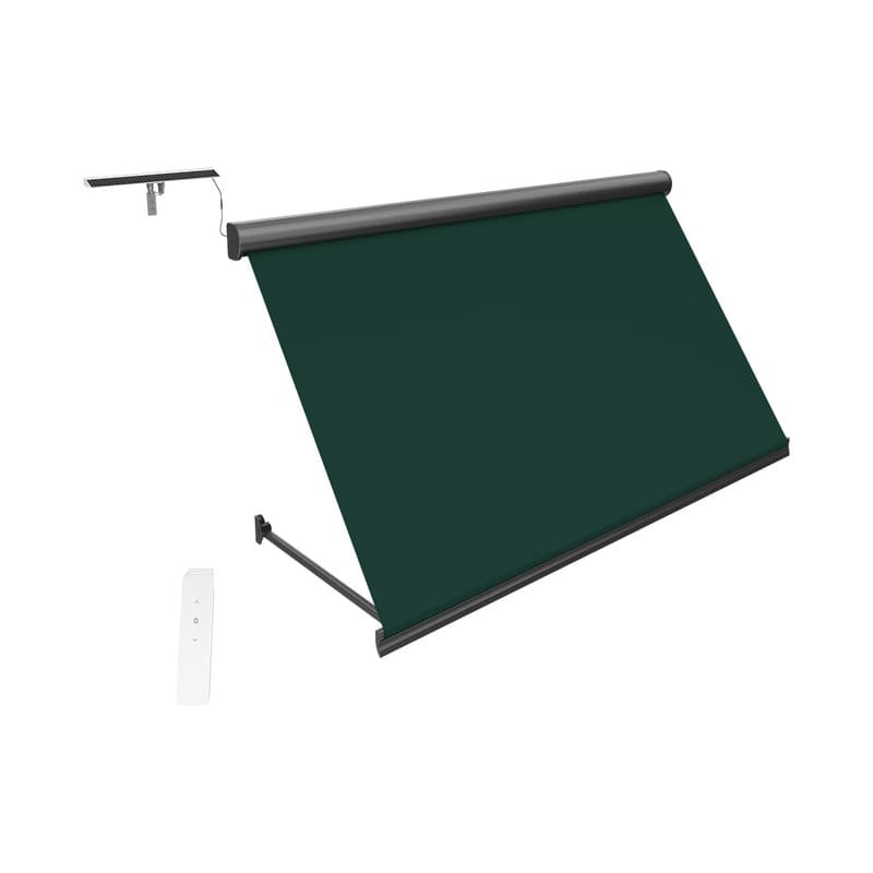 Luxi Living Solaris Motorised Retractable Drop-Arm Window Awning-Green awning with dark grey frame.