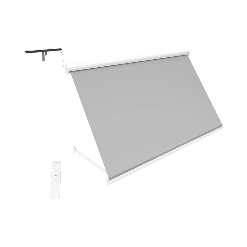 Luxi Living Solaris Motorised Retractable Drop-Arm Window Awning-Light grey and white frame.