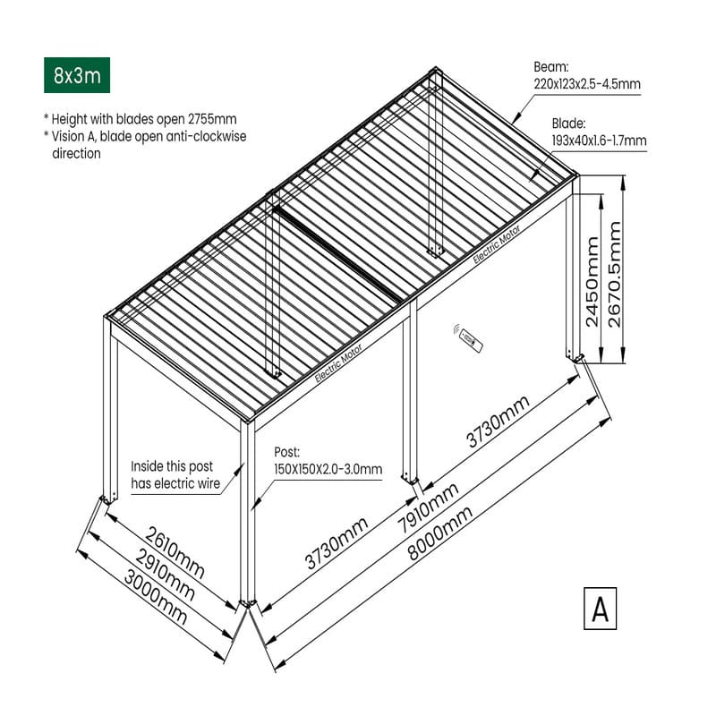 Luxi Living Tasman Motorised Freestanding Louvre Roof Aluminium Pergola - 8x3m description