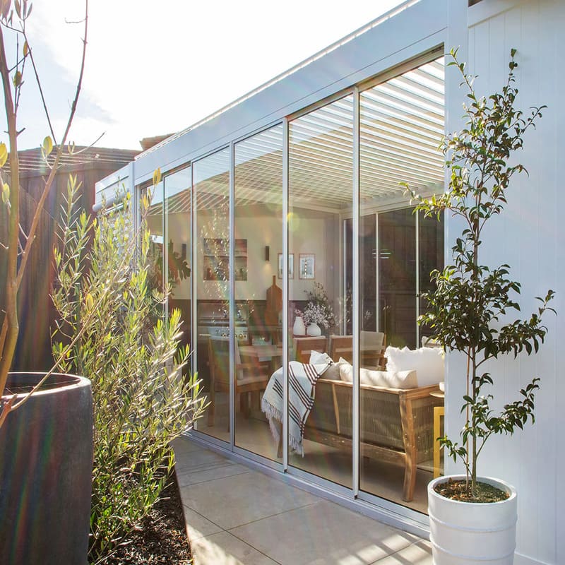Luxi Living Tasman Motorised Freestanding Louvre Roof Aluminium Pergola-white pergola with Glass doors